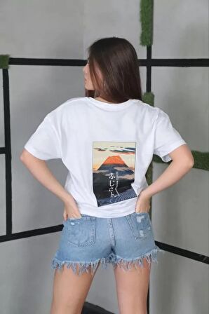CANSUYILMAZ CANSUYILMAZ Unisex Bisiklet Yaka Baskılı Oversize T-Shirt- Beyaz