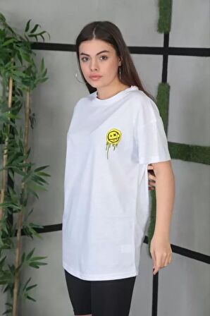 CANSUYILMAZ CANSUYILMAZ Unisex Bisiklet Yaka Baskılı Oversize T-Shirt - Beyaz