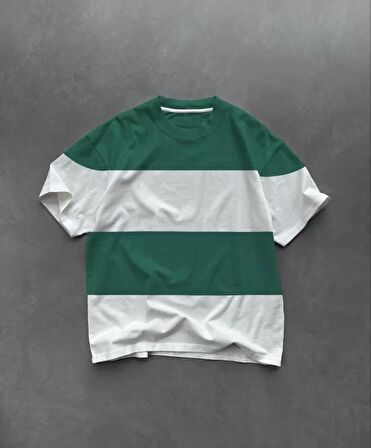 CANSUYILMAZ Unisex Bisiklet Yaka Parçalı T-Shirt - Yeşil