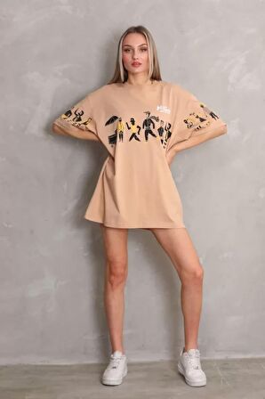 CANSUYILMAZ Unisex Bisiklet Yaka Baskılı Oversize T-Shirt - Bej