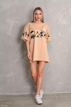 CANSUYILMAZ Unisex Bisiklet Yaka Baskılı Oversize T-Shirt - Bej