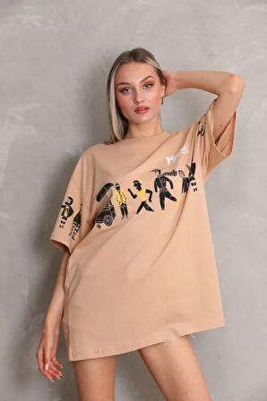 CANSUYILMAZ Unisex Bisiklet Yaka Baskılı Oversize T-Shirt - Bej