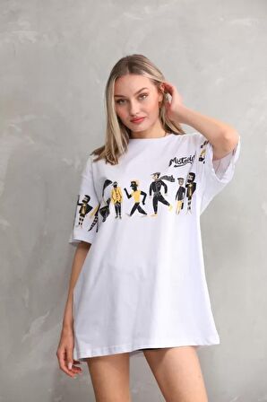 CANSUYILMAZ Unisex Bisiklet Yaka Baskılı Oversize T-Shirt - Beyaz