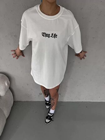 CANSUYILMAZ Unisex Bisiklet Yaka Baskılı Oversize T-Shirt - Beyaz