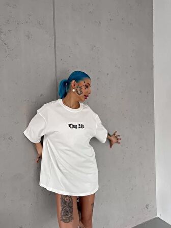 CANSUYILMAZ Unisex Bisiklet Yaka Baskılı Oversize T-Shirt - Beyaz