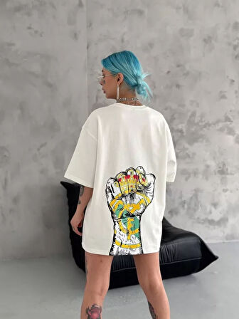 Unisex Bisiklet Yaka Baskılı Oversize T-Shirt - Beyaz