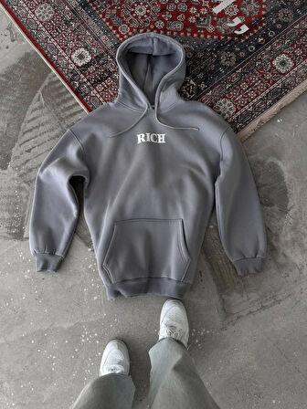 Uzun Kol Kapşonlu Göğüs Baskılı SweatShirt - Gri