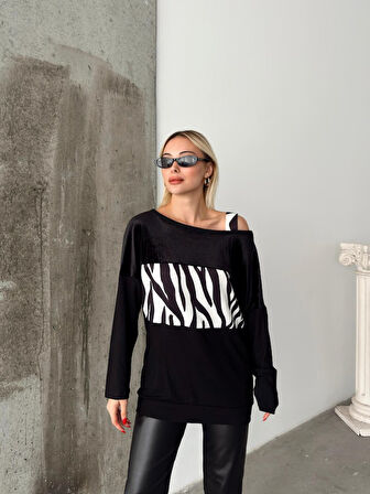 Kadın Kadife Kumaş Zebra Desenli Omuz Detay Uzun Kollu Bluz