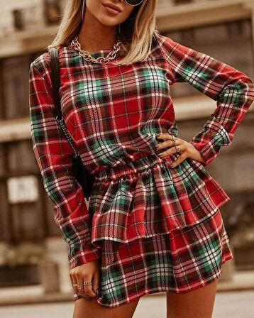 Kadın Ekose Kumaş Dijital Baskılı Uzun Kollu Mini Boy Elbise