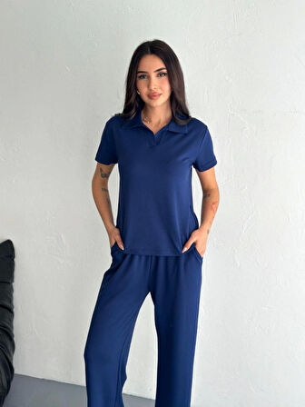 Osy Modal Yumuşak Dokulu Kumaş Kısa Kollu Yakalı T-shirt Pantalon Ikili Takım- Lacivert