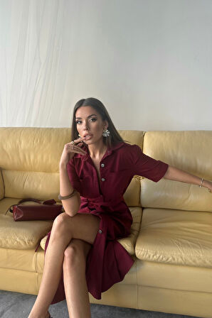 TENCEL ÖNDEN DÜĞMELİ KISA KOL ELBİSE - Bordo