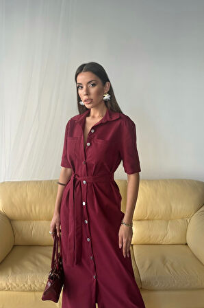 TENCEL ÖNDEN DÜĞMELİ KISA KOL ELBİSE - Bordo