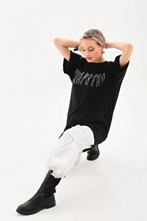 Unisex Taş Desenli Oversize T-Shirt - Siyah