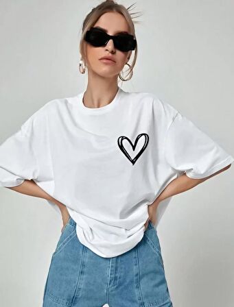 CANSUYILMAZ Unisex Baskılı Oversize T-Shirt - Beyaz