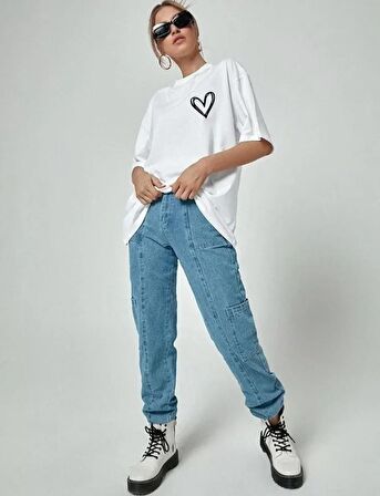 CANSUYILMAZ Unisex Baskılı Oversize T-Shirt - Beyaz