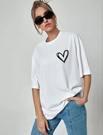 CANSUYILMAZ Unisex Baskılı Oversize T-Shirt - Beyaz