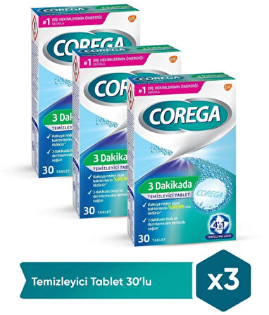 Corega 3 Dakikada Protez Temizleyici Tablet 30'lu x 3 Paket