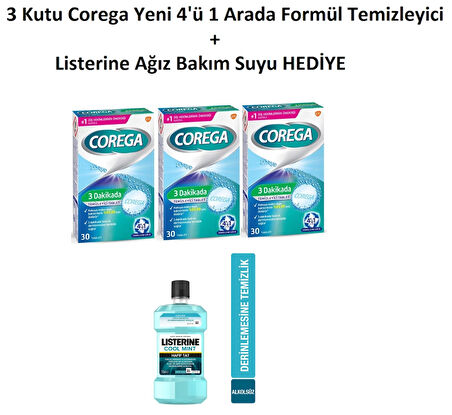 Corega 3 Dakikada Diş Protezi Temizleyici 30 Tablet x 3 Kutu Listerine Ağız Bakım Suyu HEDİYE