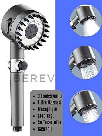Yüksek Basınçlı Masaj Taraklı 3 Kademeli Aç Kapa Su Tasarruflu Filtre Hazneli Gri Banyo Duş Başlığı 10 Adet Yedek Filtreli