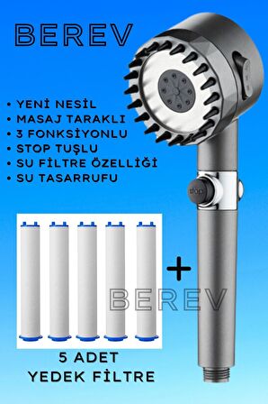 Masajlı 3 Fonksiyonlu Su Tasarruflu Filtreli Turbo Jet Duş Başlığı Siyah 5 Adet Filtre