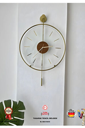 Massive Ceviz Gold - Orta Boy (37X55CM) , Modern Dekoratif Metal Camlı Duvar Saati