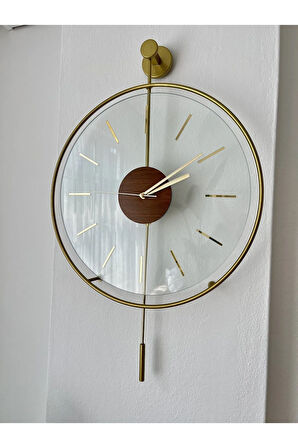 Massive Ceviz Gold - Orta Boy (37X55CM) , Modern Dekoratif Metal Camlı Duvar Saati