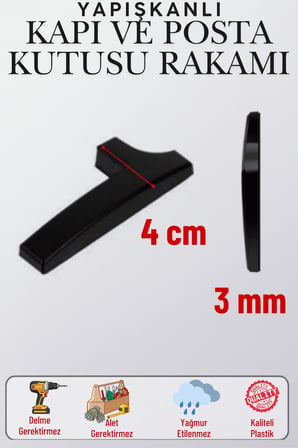 Mat Siyah Yapışkanlı 5 cm Kapı Numarası 1 Küçük Boy 50 mm Kapı No Rakam Sayı Daire, Posta Kutusu, Otel Oda No, Asansör, Kat Planı, Araç Model ve Apartman İçi İçin Kendinden Yapışkanlı Krom Numaratör