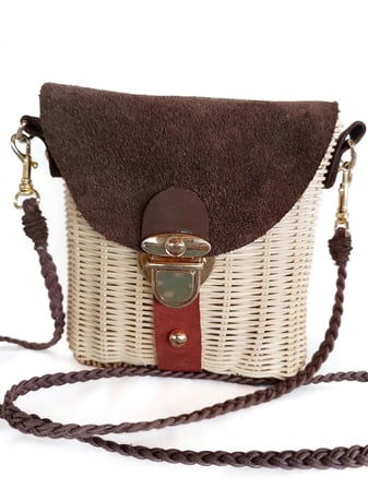 Matilda Rattan Hasır Omuz Çantası Hakiki Deri Detaylı Mini 17x18 cm