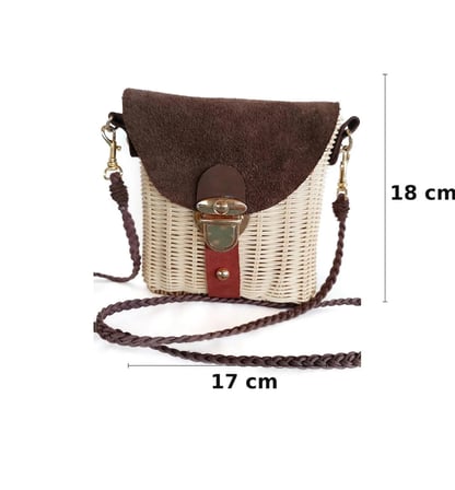 Matilda Rattan Hasır Omuz Çantası Hakiki Deri Detaylı Mini 17x18 cm