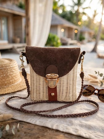 Matilda Rattan Hasır Omuz Çantası Hakiki Deri Detaylı Mini 17x18 cm