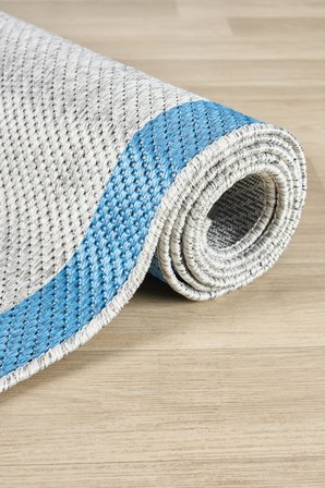 1017 Gri Sisal Halı Mavi Bordürlü Özel Ölçü Dokuma Hasır Halı Kaymaz Taban