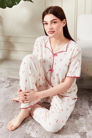 kadın çiçek desenli kısa kollu pijama takımı rahat kesim yumuşak dokulu ev giyim takımı