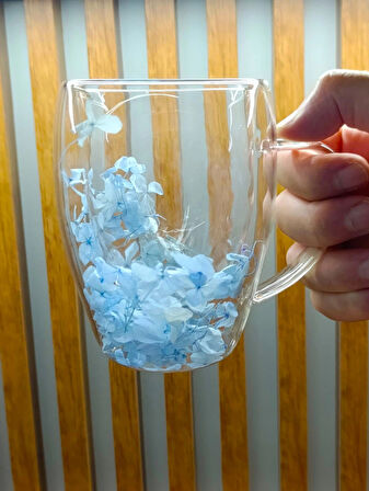 1 Adet Gerçekçi Çiçek Tasarım Çift Cidarlı Cam Kupa, Sıcak ve Soğuk İçecek Bardağı 350 ml