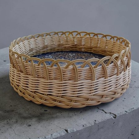 HandanRattan Mandala Desenli El Örgüsü Yuvarlak Rattan Tepsi Sepet 32x11 cm
