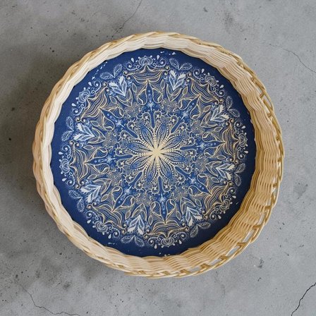 HandanRattan Mandala Desenli El Örgüsü Yuvarlak Rattan Tepsi Sepet 32x11 cm