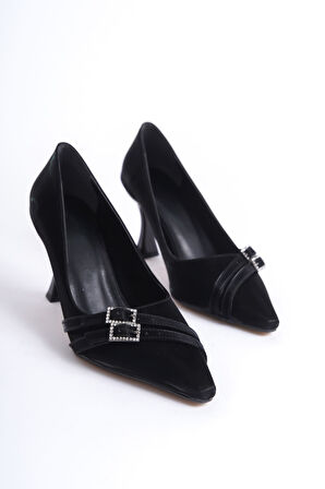 Maya Premium Kadın Siyah Saten Topuklu Ayakkabı