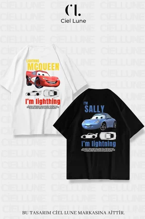unisex kadın erkek şimşek mcqueen ve sally baskılı sevgili çift kombini tasarım oversize tshirt 2'li