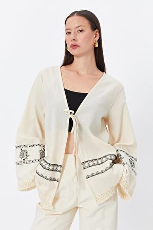 Etnik Desen Kimono Ekru