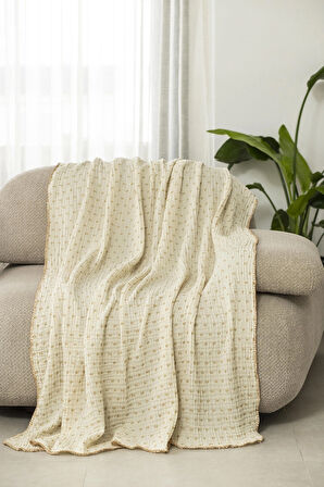 Krem Müslin TV Battaniyesi / Koltuk Şalı – 130x170 cm, 3 Katlı Noktalı, Çoban Dikişli