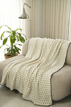 Krem Müslin TV Battaniyesi / Koltuk Şalı – 130x170 cm, 3 Katlı Noktalı, Çoban Dikişli