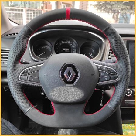 Renault Megane 4 Araca Özel Direksiyon Kılıfı (Noktalı Nubuk Kırmızı Yüzüklü)
