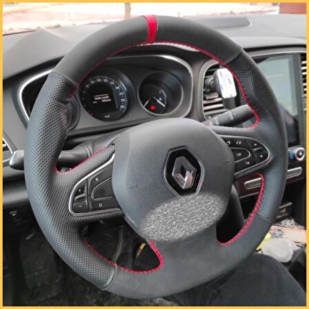 Renault Megane 4 Araca Özel Direksiyon Kılıfı (Noktalı Nubuk Kırmızı Yüzüklü)