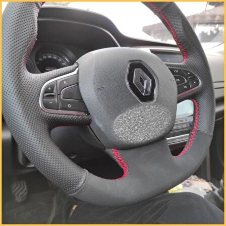Renault Megane 4 Araca Özel Direksiyon Kılıfı (Noktalı Nubuk Kırmızı Yüzüklü)
