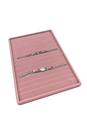 Yerli Üretim Süet Kumaş Pembe Renk 34/24Cm 14 Adet Kademeli Çekmece İçi Bileklik Tablası