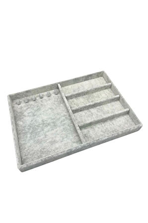 Yerli Üretim Süet Kumaş Gri Renk 34/24 cm Tırnaklı-Bölmeli Çekmece İçi Takı Standı