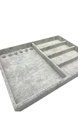 Yerli Üretim Süet Kumaş Gri Renk 34/24 cm Tırnaklı-Bölmeli Çekmece İçi Takı Standı