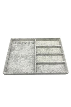 Yerli Üretim Süet Kumaş Gri Renk 34/24 cm Tırnaklı-Bölmeli Çekmece İçi Takı Standı