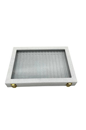 Yeni Yerli Üretim Cam Kapaklı Süet Kumaş Gri 34 cm / 24 cm Kademeli Bileklik-Kolye Sergileme Standı