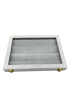 Yeni Yerli Üretim Cam Kapaklı Süet Kumaş Gri Renk 34 cm / 24 cm Küpe Sergileme Standı