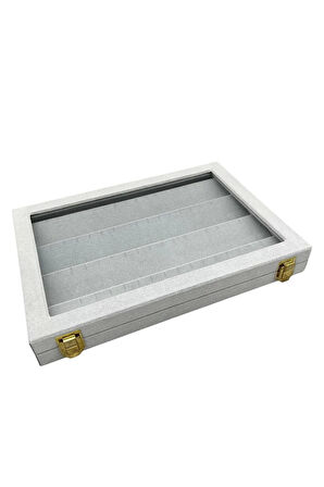 Yeni Yerli Üretim Cam Kapaklı Süet Kumaş Gri Renk 34 cm / 24 cm Küpe Sergileme Standı